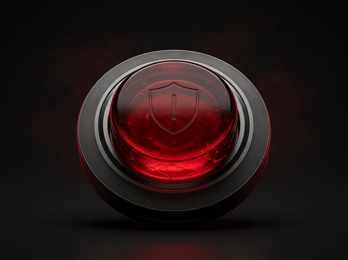 Crimson glass emergency control with a precision-machined shield, the PANIC emergency exit